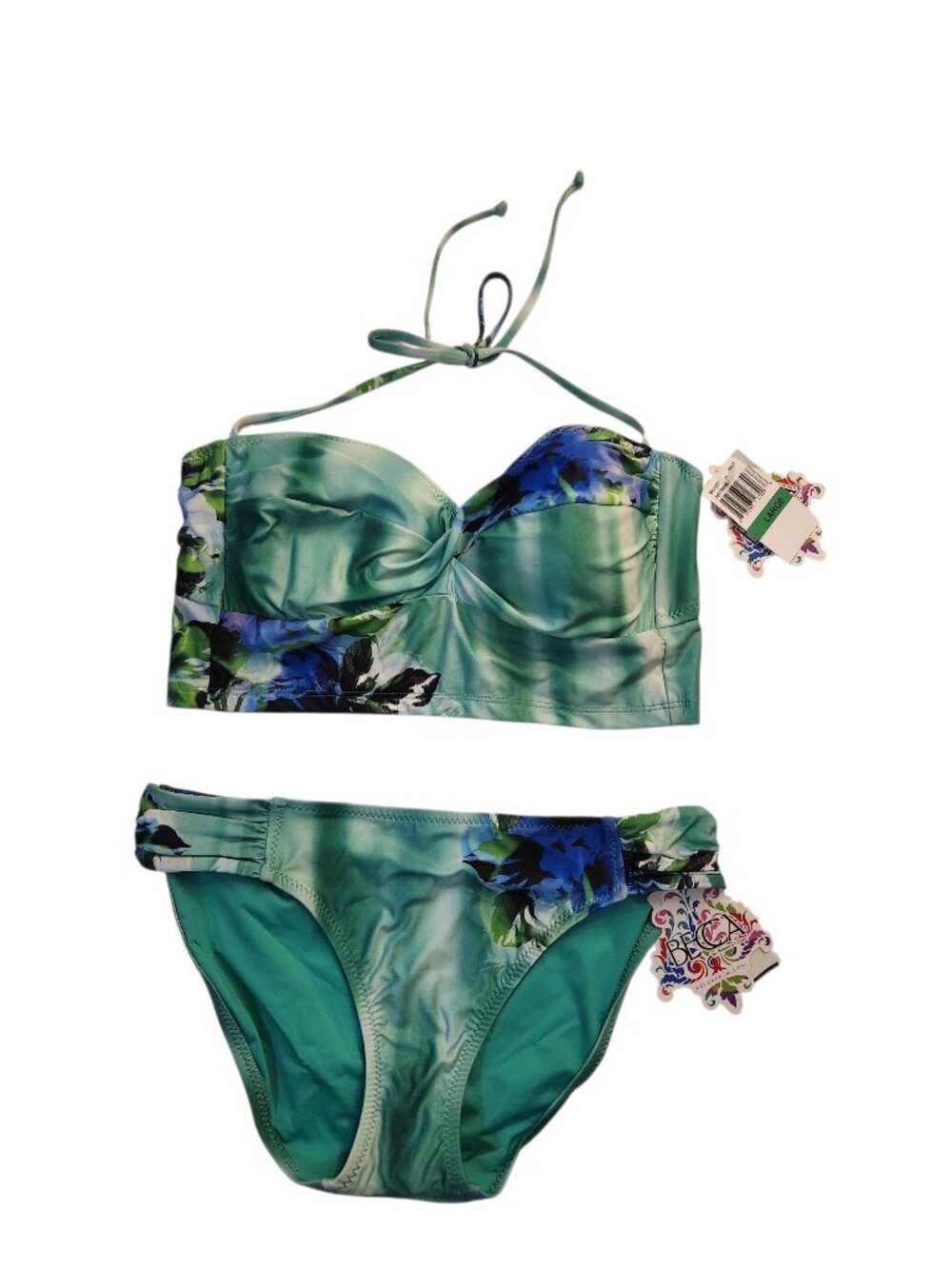 NWT Becca Swim by Rebecca Virtue Floral Print Bikini Set Blue Green Size L
